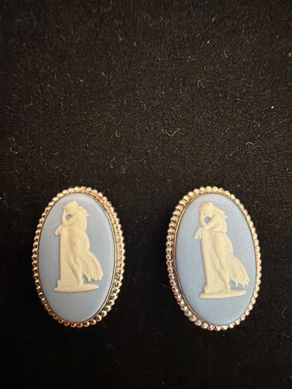 Wedgwood Blue and Silver Oval Jasperware Clip on Earrings
